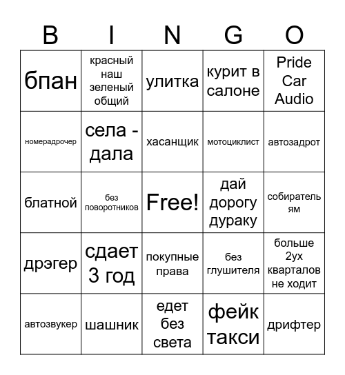 автомобилист Bingo Card