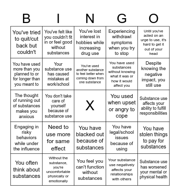 Signs of Addiction Bingo Card