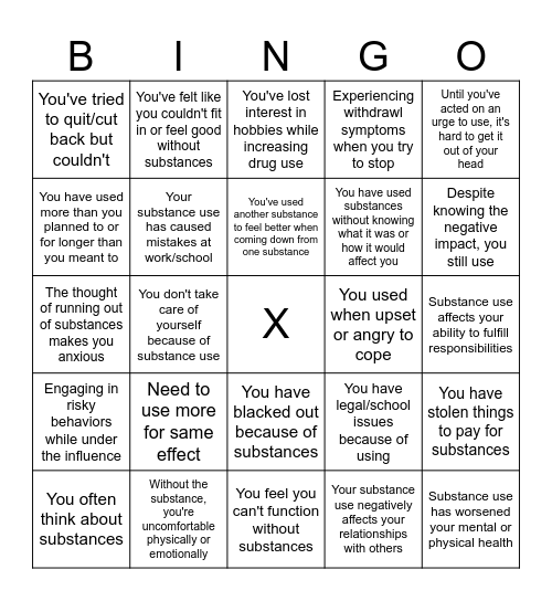 Signs of Addiction Bingo Card