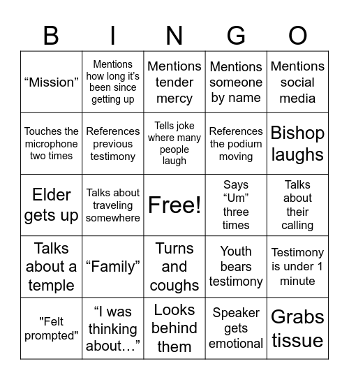Fast Sunday Bingo Card