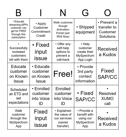 Spectrum Bingo Card
