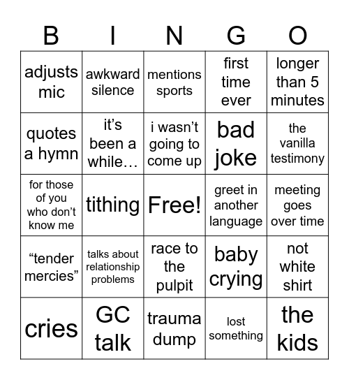 YSA Fast and Testimony Bingo Card