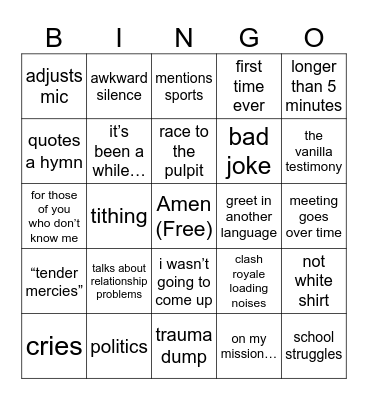 YSA Fast and Testimony Bingo Card
