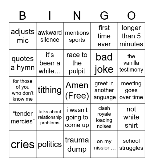YSA Fast and Testimony Bingo Card