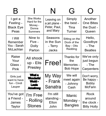 Retirement Song Bingo Card