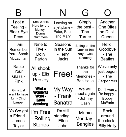 Retirement Song Bingo Card