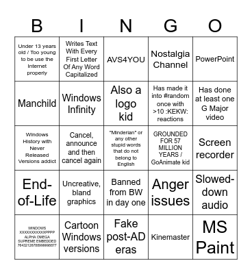 WINDOWS NEVER RELEASED KID BINGO Card
