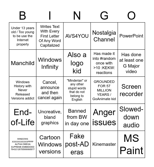 WINDOWS NEVER RELEASED KID BINGO Card