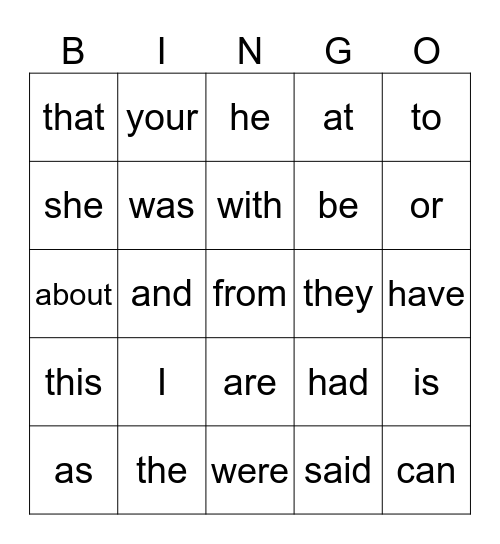 Sightword Bingo! Bingo Card