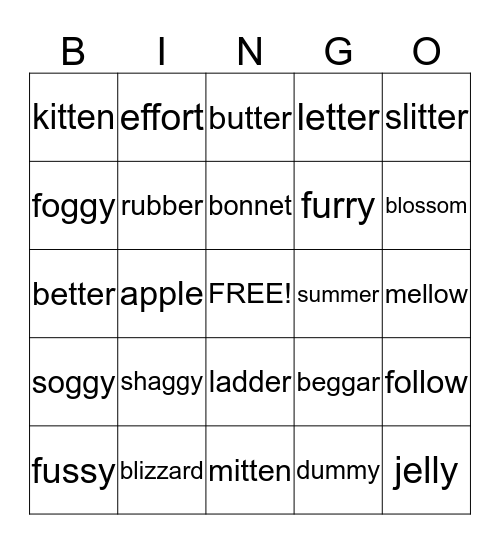 2 Syllable Words  Bingo Card