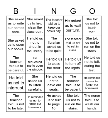 Commands Reported Speech Bingo Card