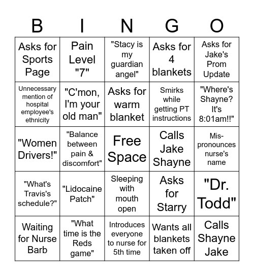 Grandpa Hospital Bingo Card
