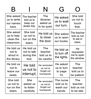 Commands Reported Speech Bingo Card