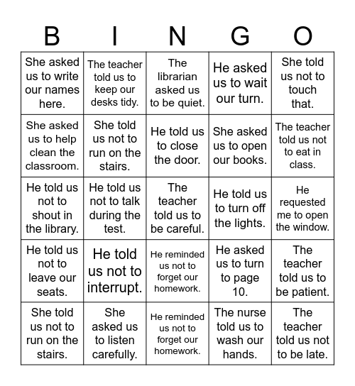 Commands Reported Speech Bingo Card
