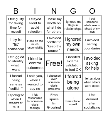 Codependency Bingo Card