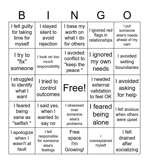 Codependency Bingo Card