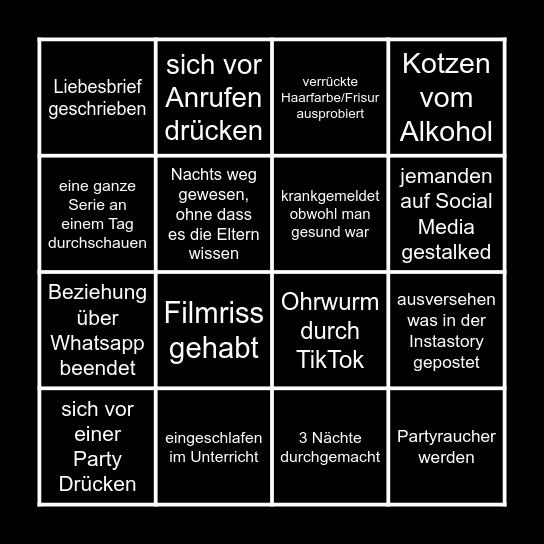 Jugendsünden Bingo Card