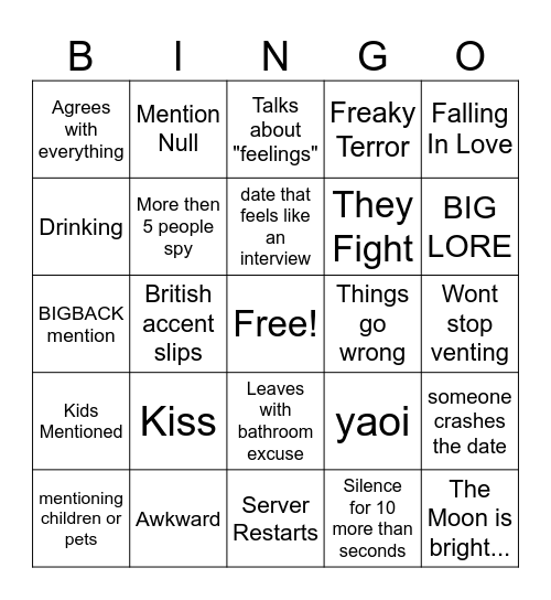 Lore Date Bingo Card