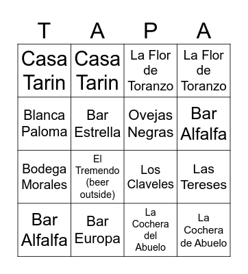 Tapas Bingo Card