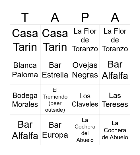Tapas Bingo Card