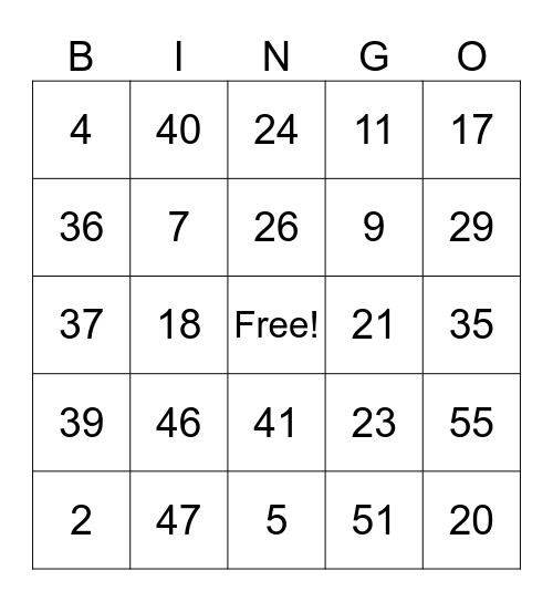 Numbers 0-55 Bingo Card