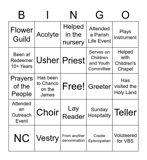 New Member Bingo Card