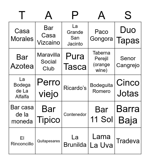 Seville Bingo Card