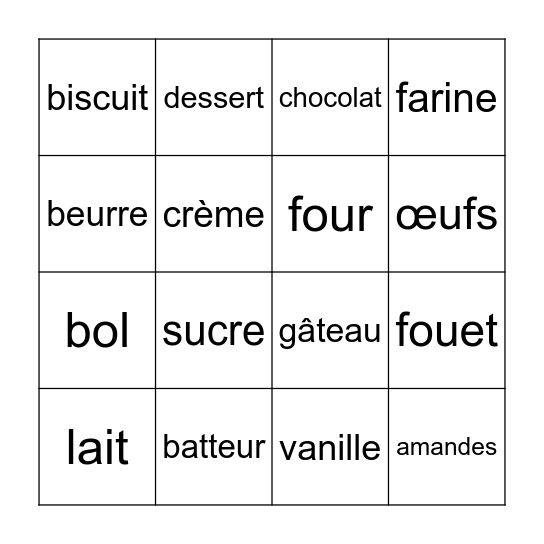 La pâtisserie française Bingo Card
