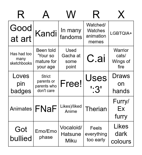 Weird Kid Bingo :3 Bingo Card