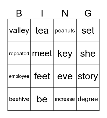 Long - e Bingo Card