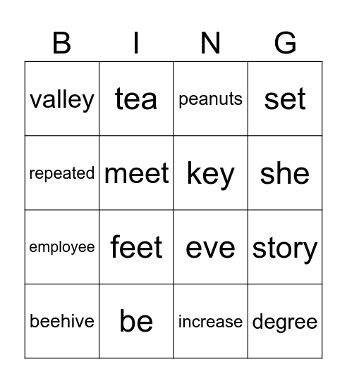 Long - e Bingo Card