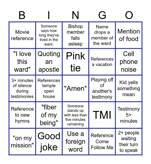 Fast Sunday BINGO Card