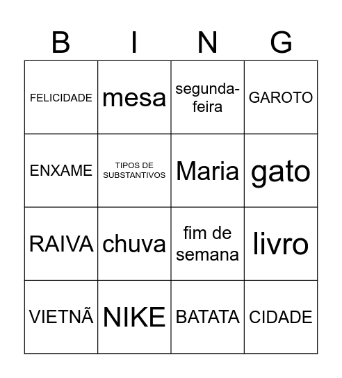 TIPOS SUBSTANTIVOS Bingo Card