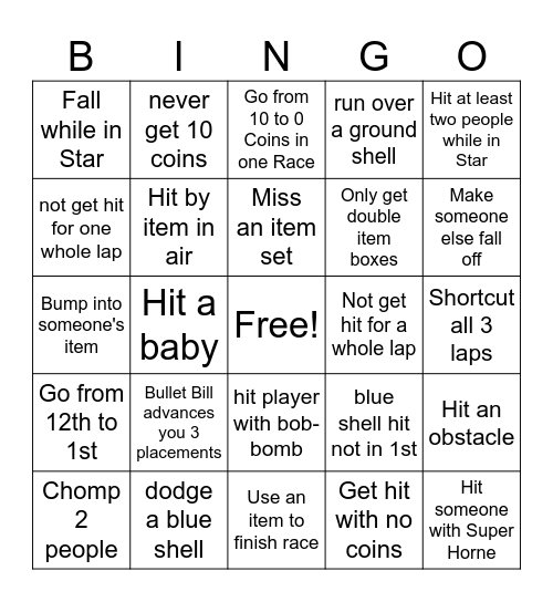 Mario Kart 8 Deluxe Bingo Card