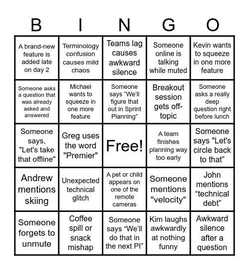 PI Planning Bingo Card