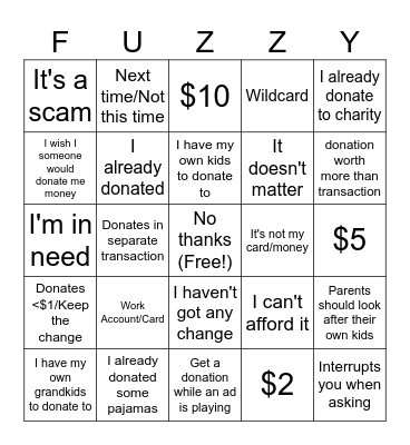 Warm Fuzzies Excuses Bingo Card