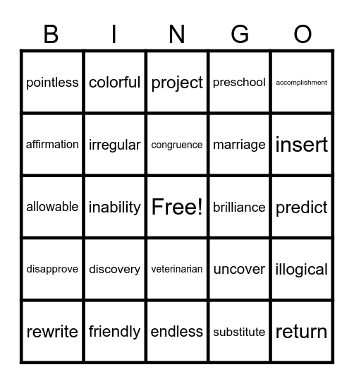 Prefixes and Suffixes Bingo Card