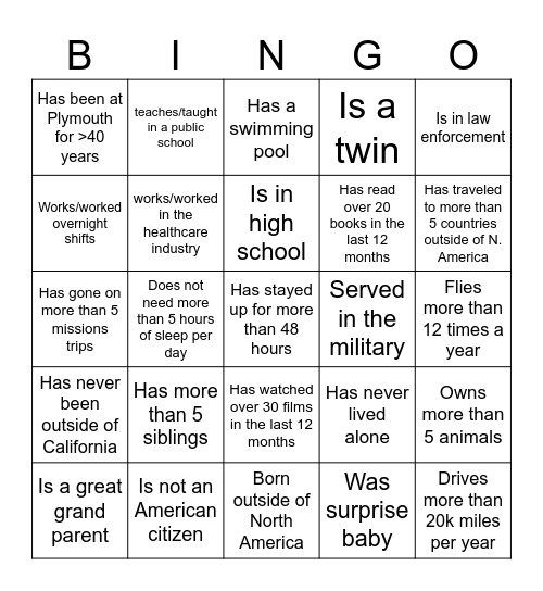 Plymouth Bingo Card