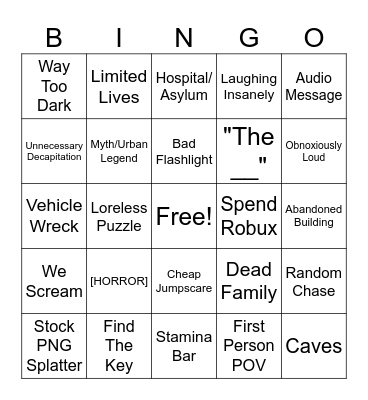 Roblox Horror Games Bingo Card