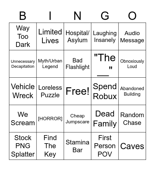 Roblox Horror Games Bingo Card