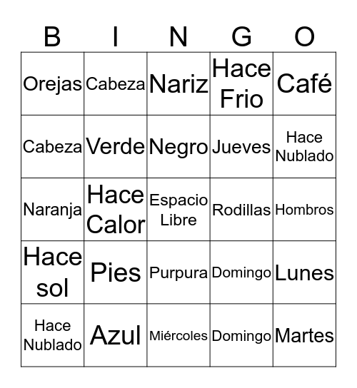 Spanish Bingo Card