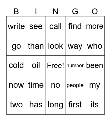 Sight Word Bingo Card