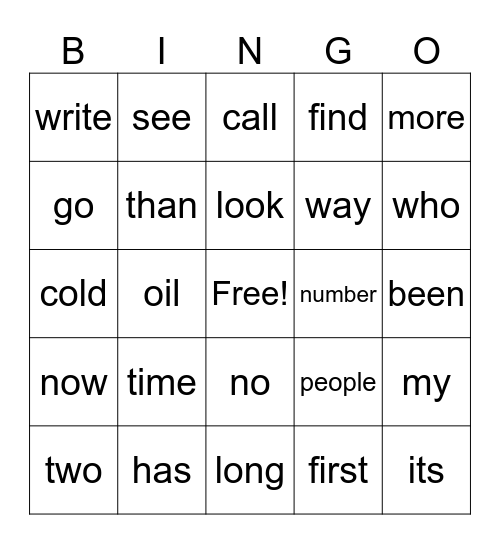 Sight Word Bingo Card