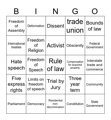 Civics Vocabulary Bingo Card