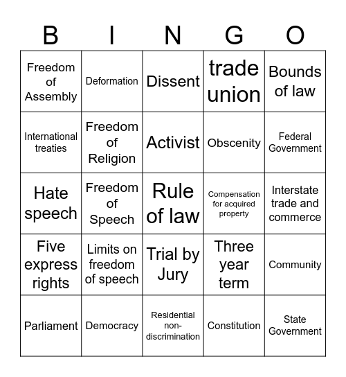 Civics Vocabulary Bingo Card