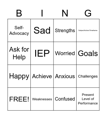 Self Determination Bingo Card
