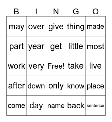 Sight word Bingo Card
