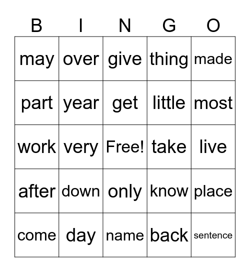 Sight word Bingo Card