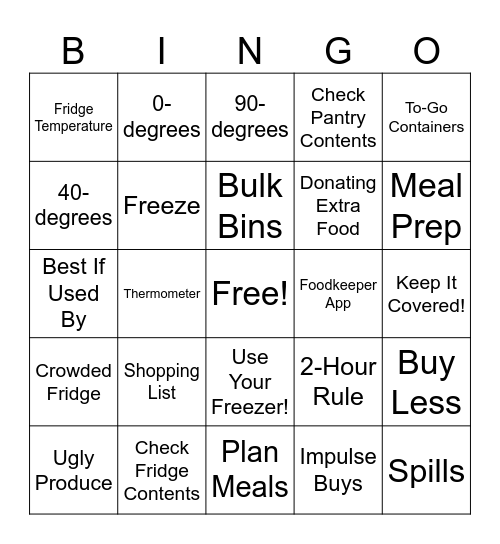 Food Waste Reduction Bingo Card