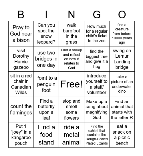 Calgary Zoo Wellness Scavenger Hunt Bingo Card